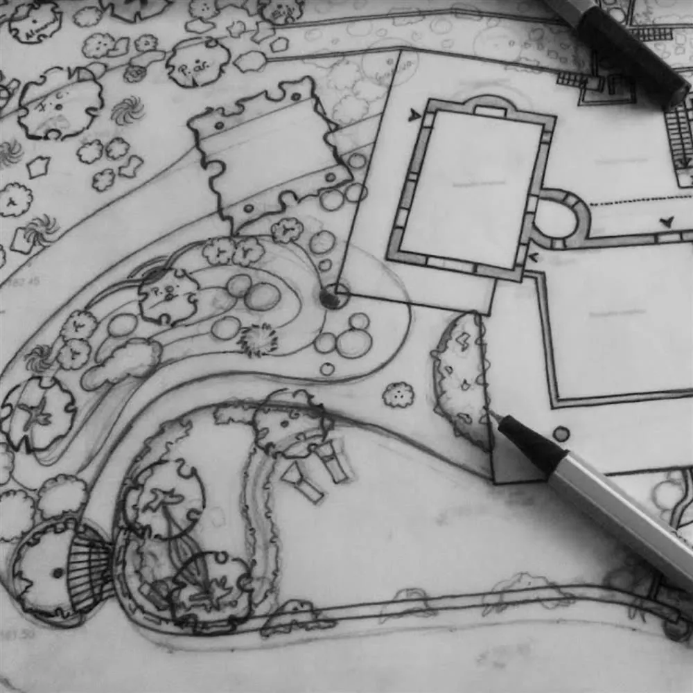 Construction drawing of a garden with natural planting in a garden in the south of Crete